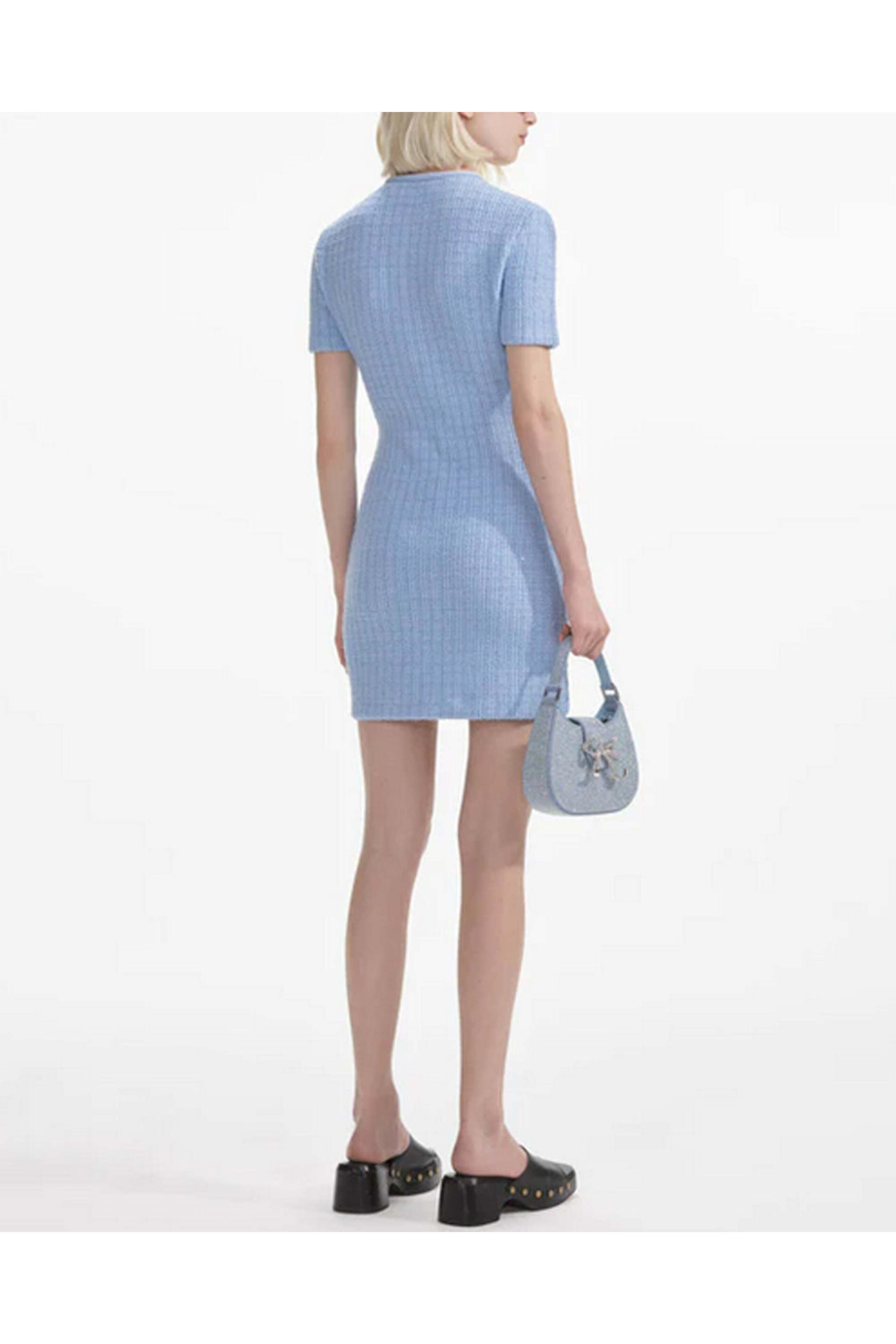 Self - Portrait - Blue Knit Button Mini Dress | Mitchell Stores