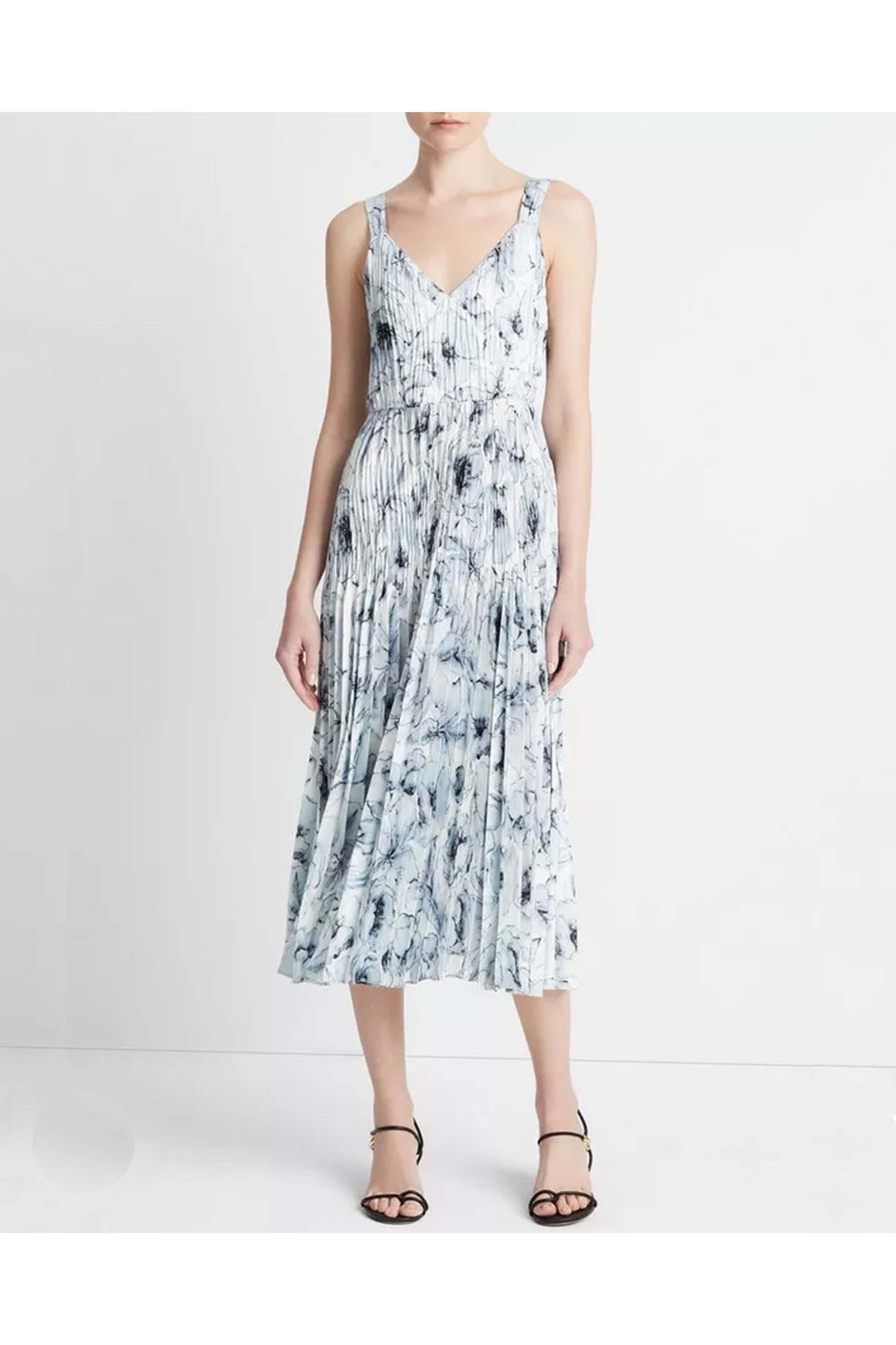 Vince - Pale Azure Washed Lily Pleated Slip Dress