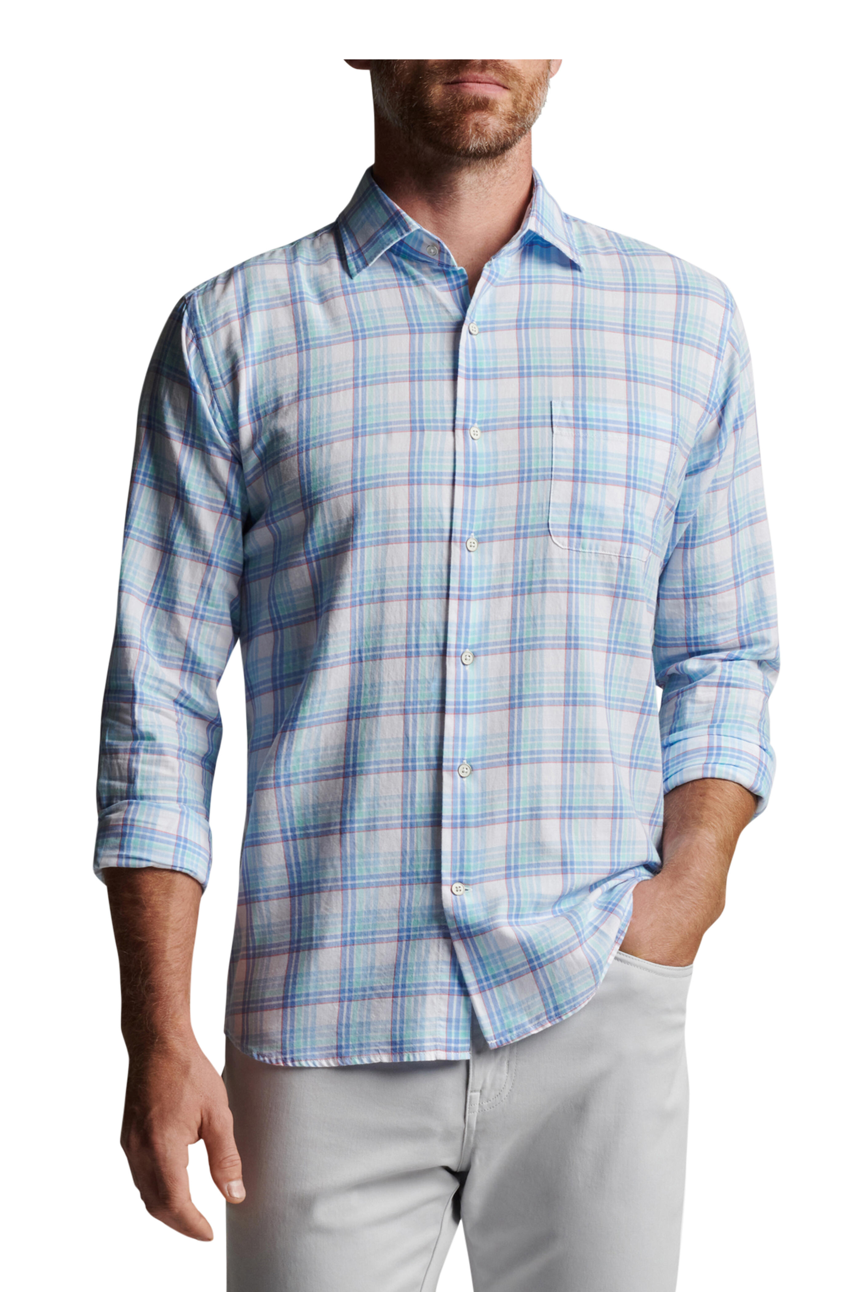 Peter Millar - Pearl Bay Blue Sound Plaid Cotton Sport Shirt