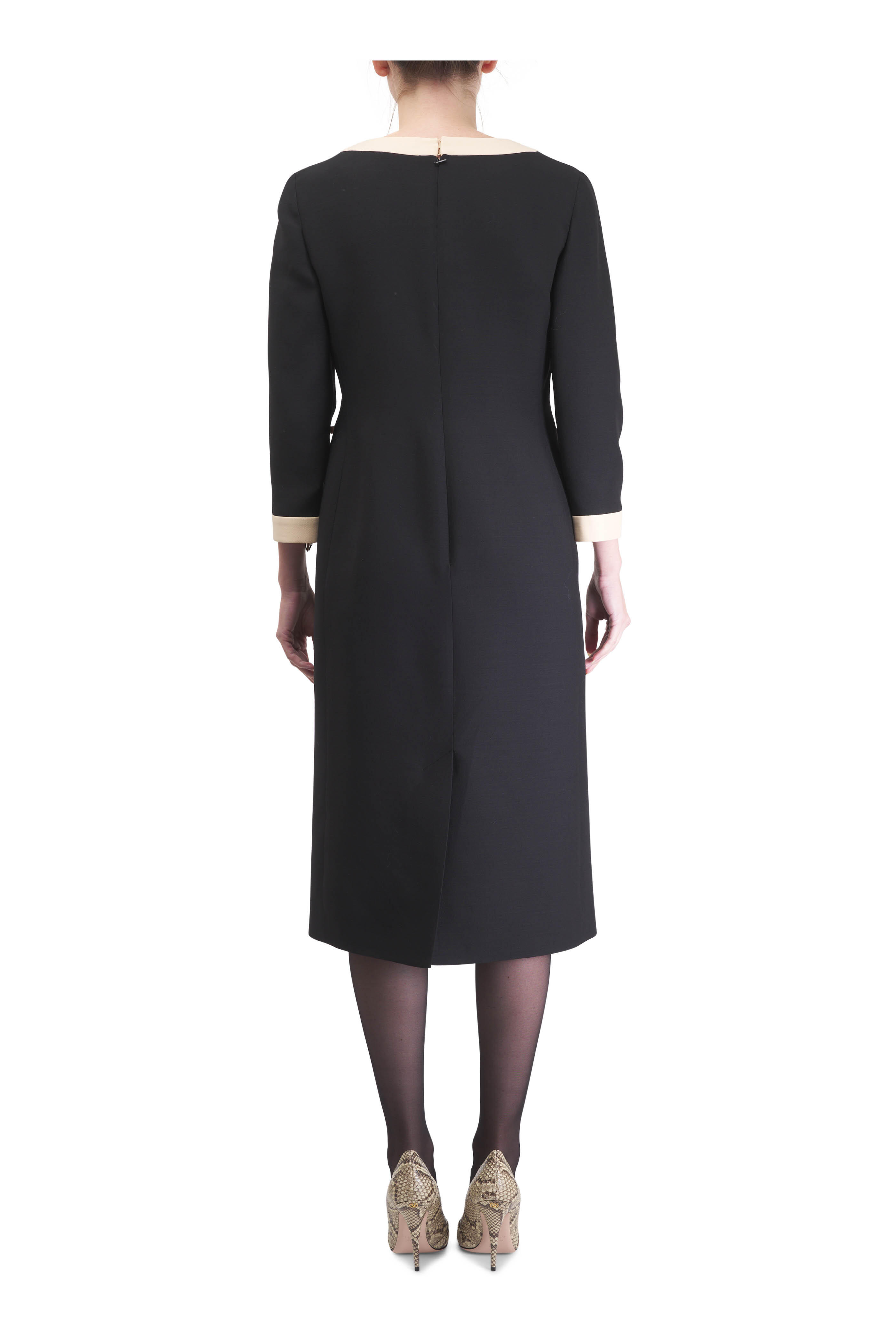 Valentino - Crepe Couture Black & Cream Bow Trim Midi Dress