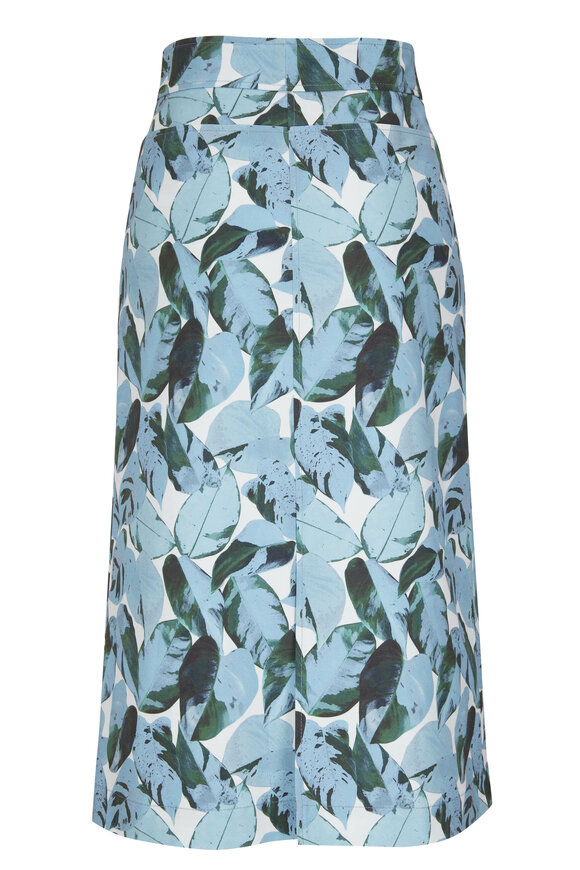Akris Punto -  Blue Tropical Leaves Print Cotton Skirt