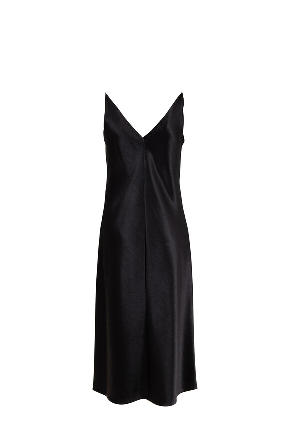 Vince - Metallic Black Satin V-Neck Midi Slip Dress