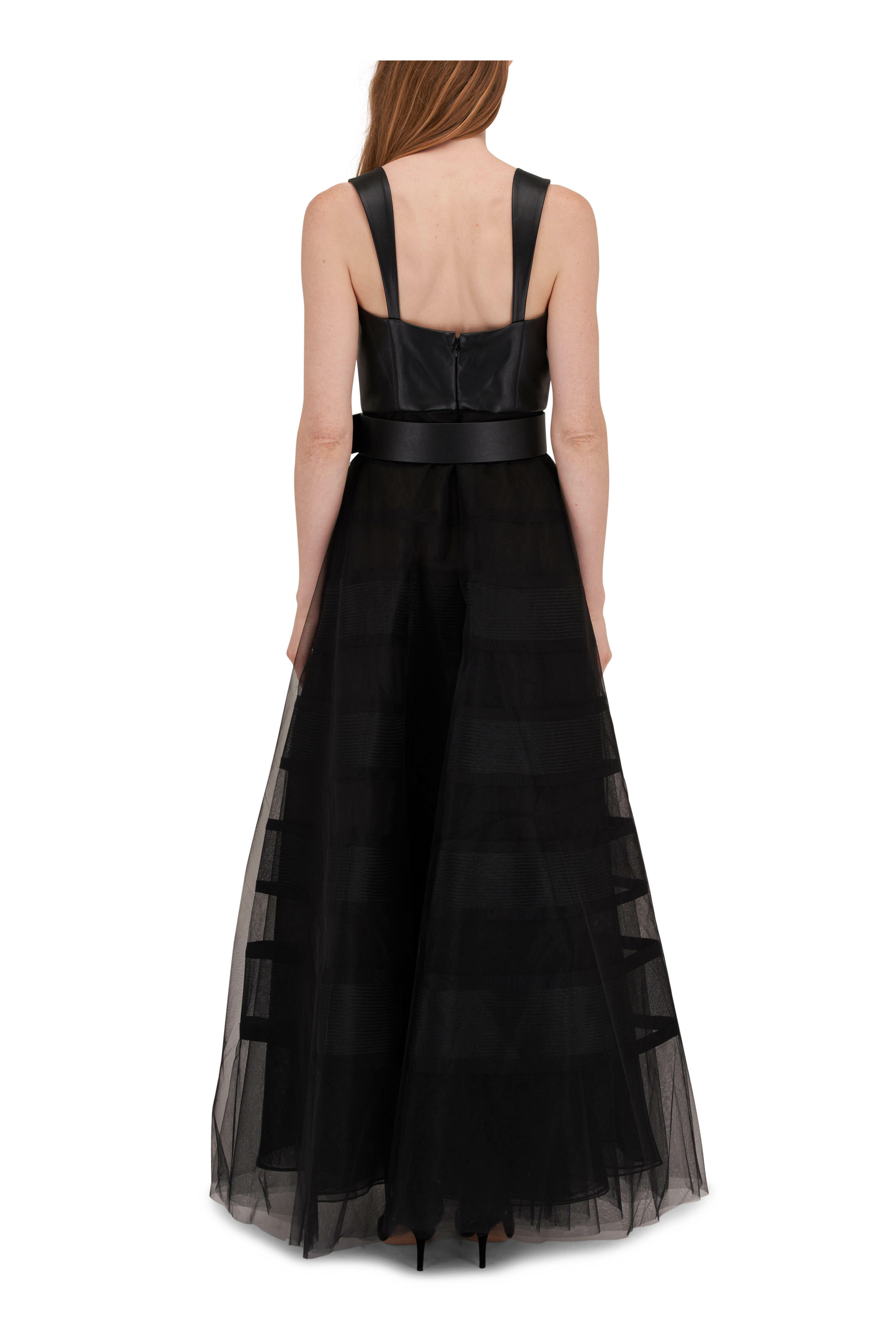 Sachin Babi Veruca Black Faux Leather Organza Belted Gown