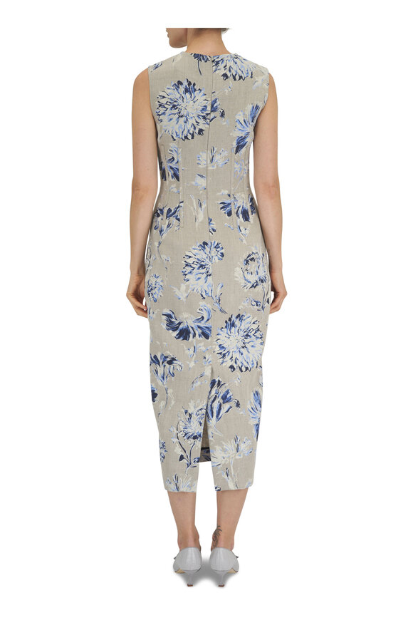 Lela Rose - Oxford Blue Floral Print Linen Seamed Column Dress