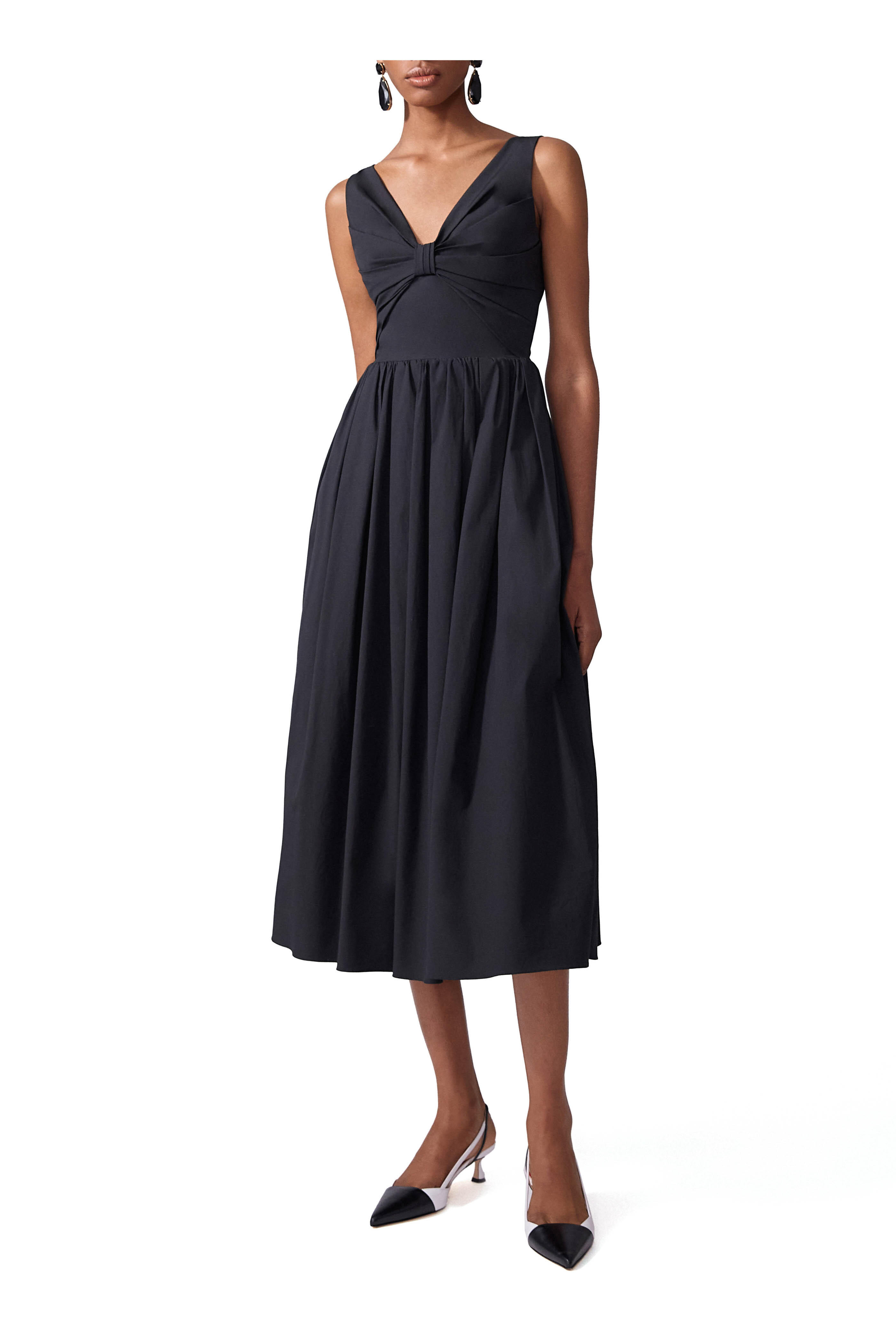 Carolina Herrera - Black Gathered Stretch Cotton Midi Dress