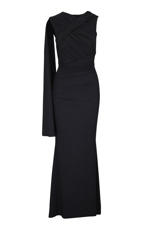 Talbot Runhof Black Crystal Jersey Draped Short Cape Gown