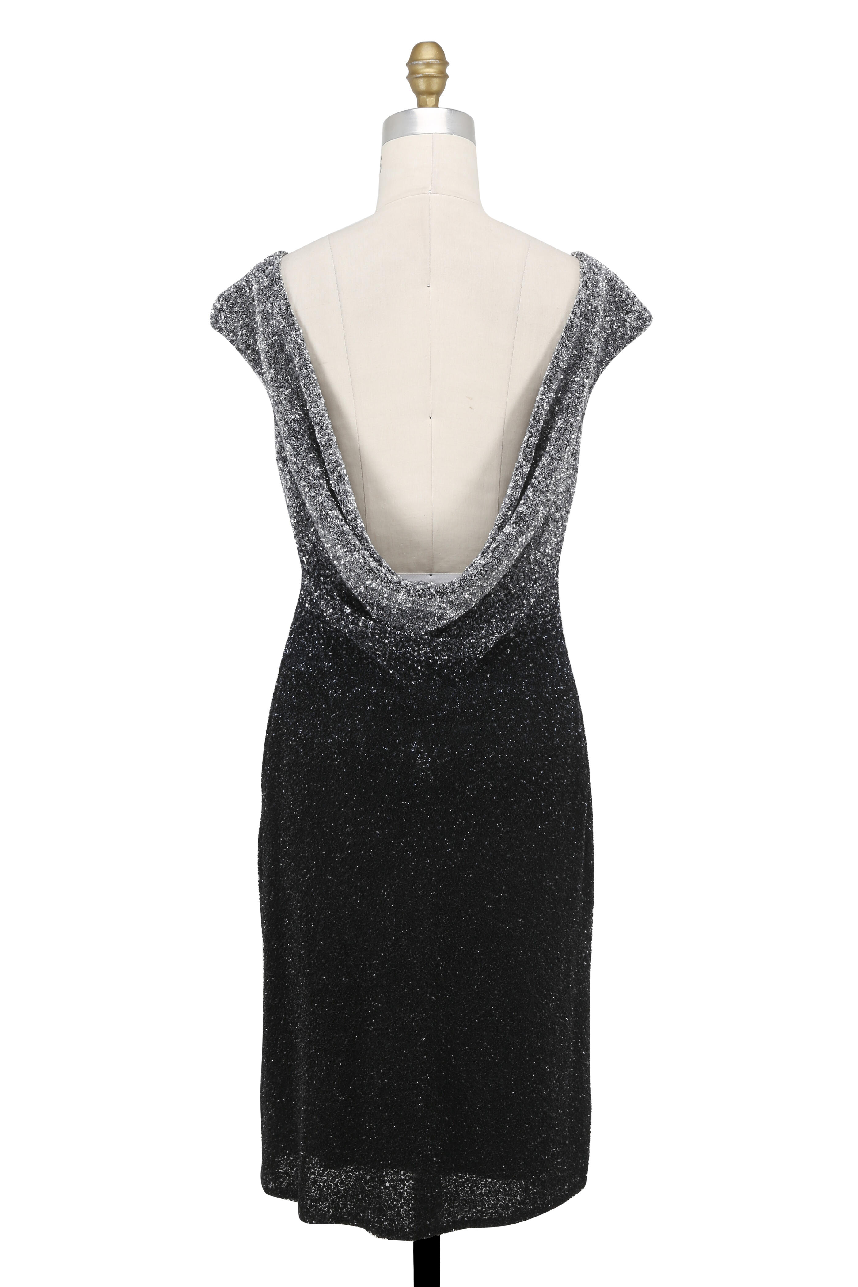 Pamella Roland - Gunmetal & Navy Draped Back Cap Sleeve Dress