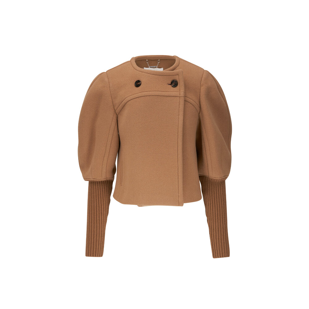 Chloé - Boxy Worn Brown High Neck Button Coat | Mitchell Stores