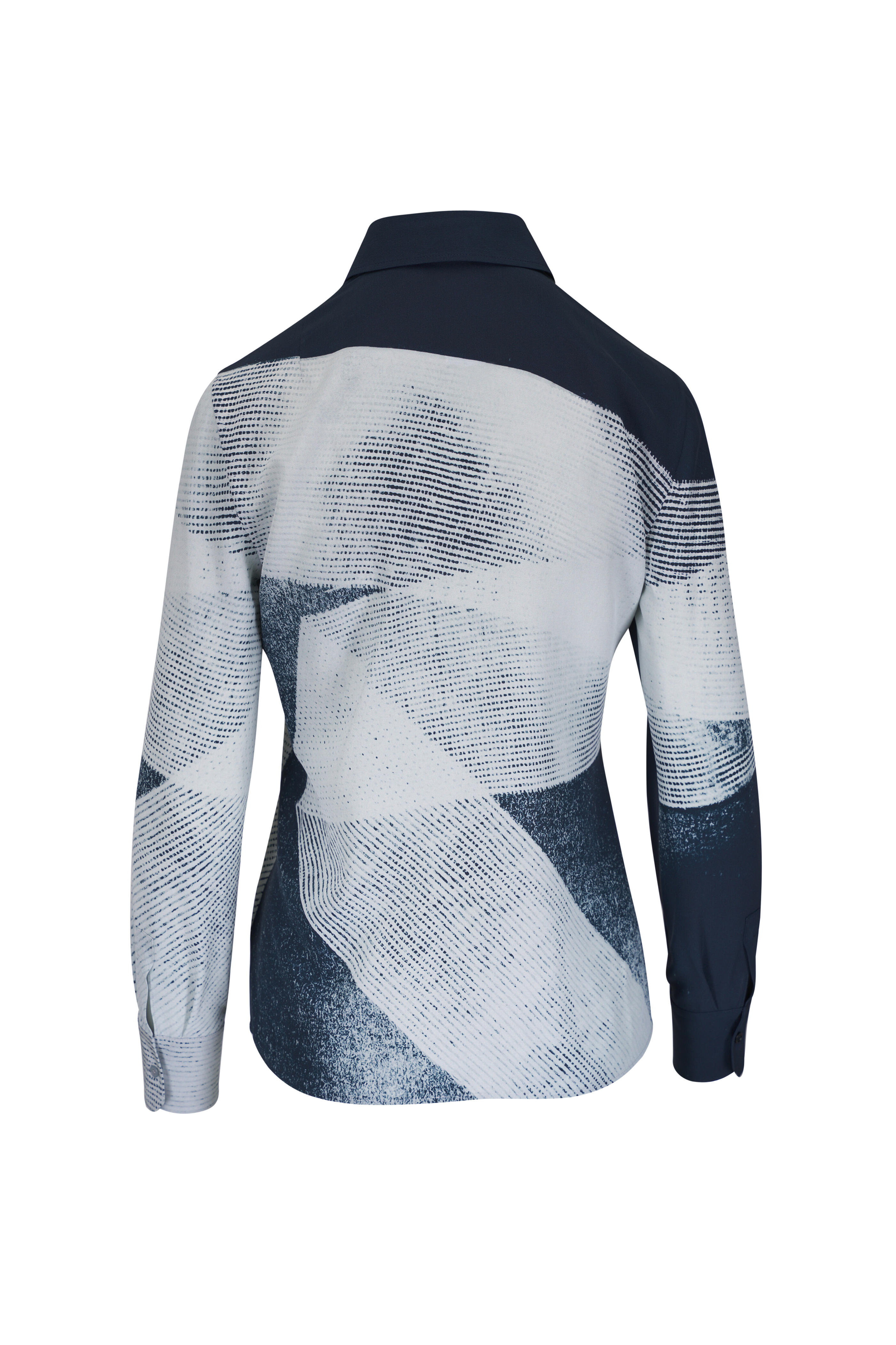 Akris - Denim Blue & Ecru Zigzag Print Silk Blouse