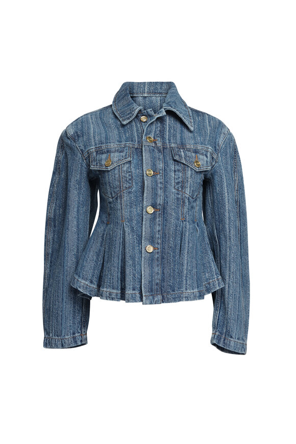 Ganni Mid Blue Stone Striped Peplum Denim Jacket
