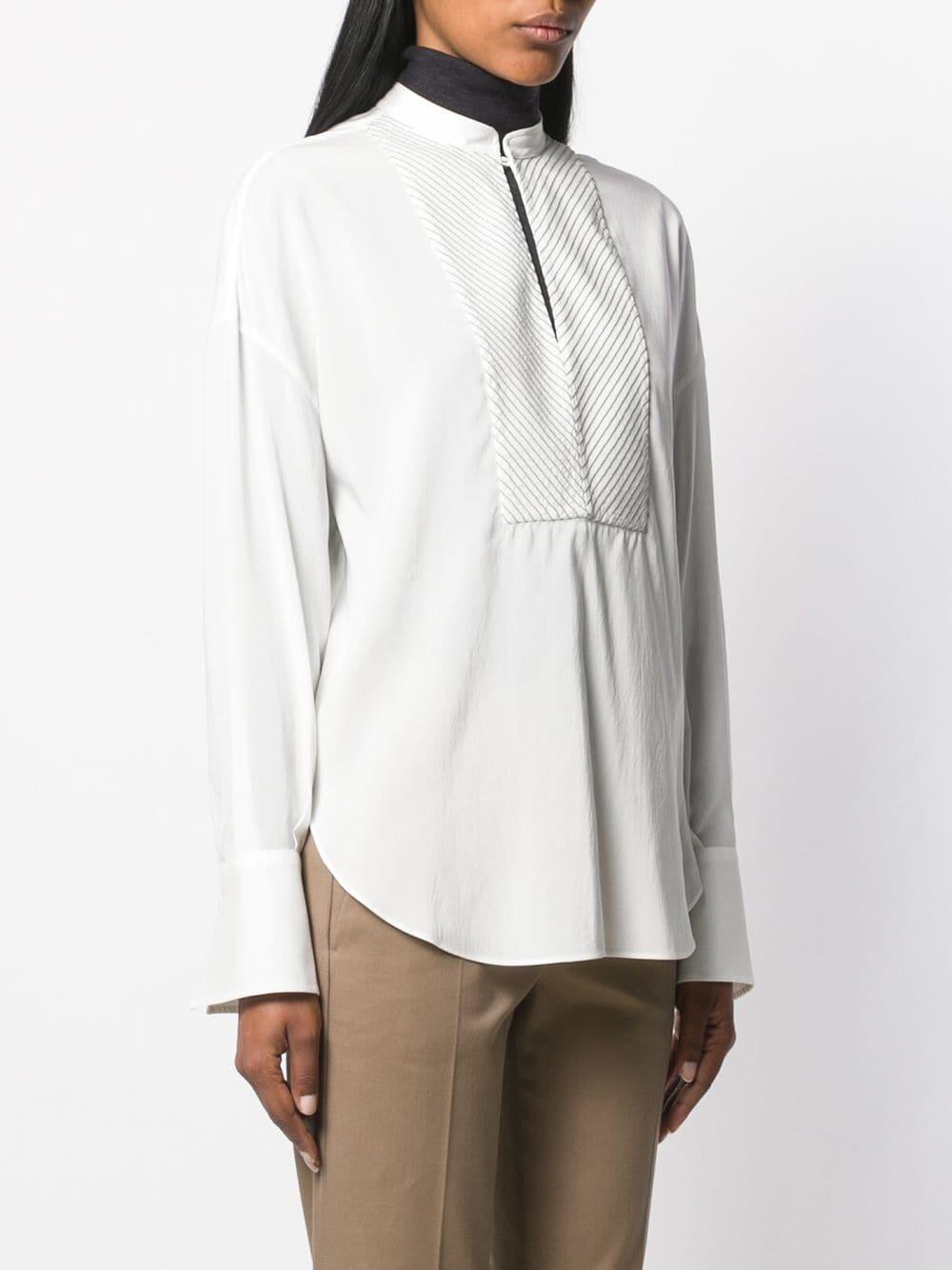 Brunello Cucinelli - White Silk Collarless Monili Panel Henley