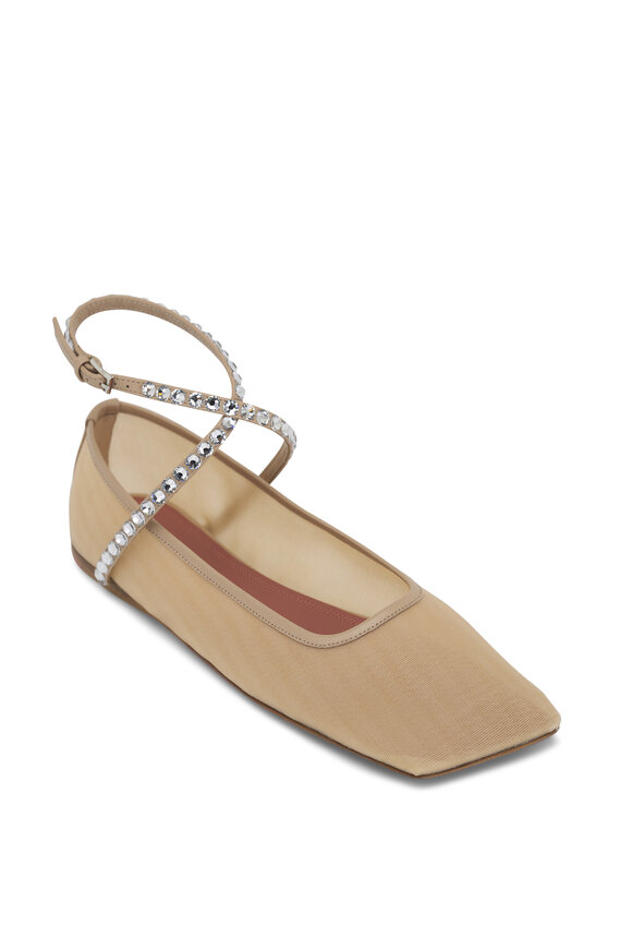 Amina Muaddi - Ane Latte Mesh Crystal Ankle Strap Flat