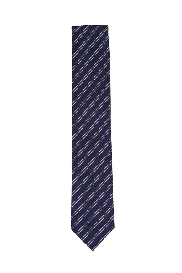 Zegna Navy & Brown Stripe Silk Jacquard Necktie - view 1