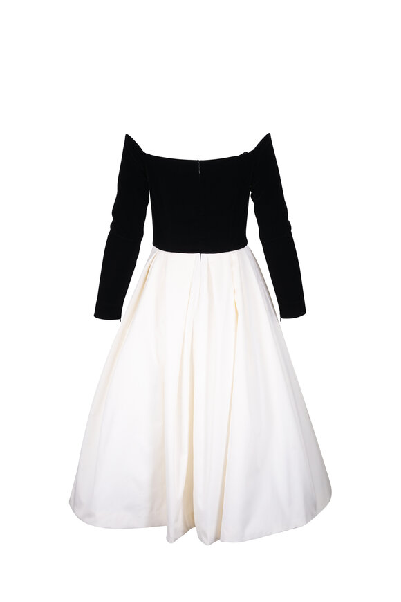 Carolina Herrera - Black & White Long Sleeve Velvet Combo Midi Dress