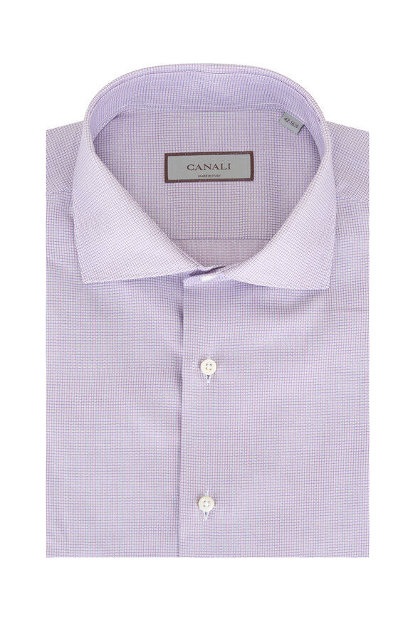 Canali Aubergine & White Micro Check Cotton Dress Shirt - view 1