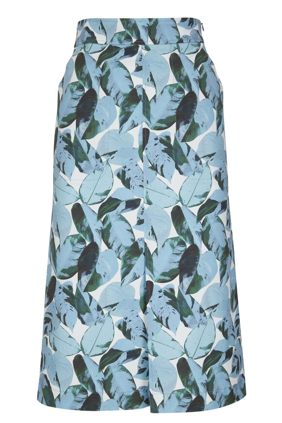 Akris Punto -  Blue Tropical Leaves Print Cotton Skirt