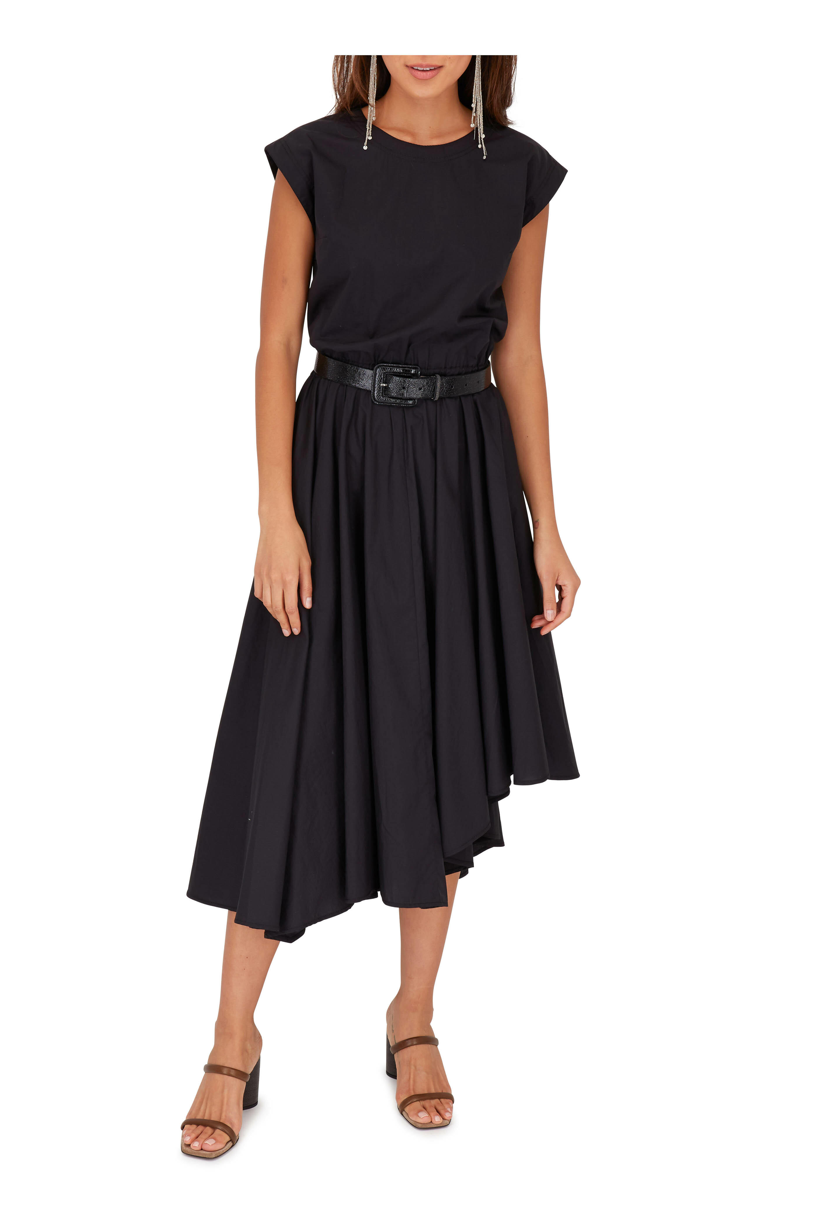 Brunello Cucinelli - Black Poplin Cap Sleeve Elasticized Waist Dress