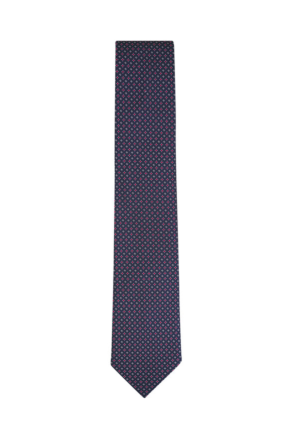 Zegna Navy, White, and Red Geometric Print Silk Necktie