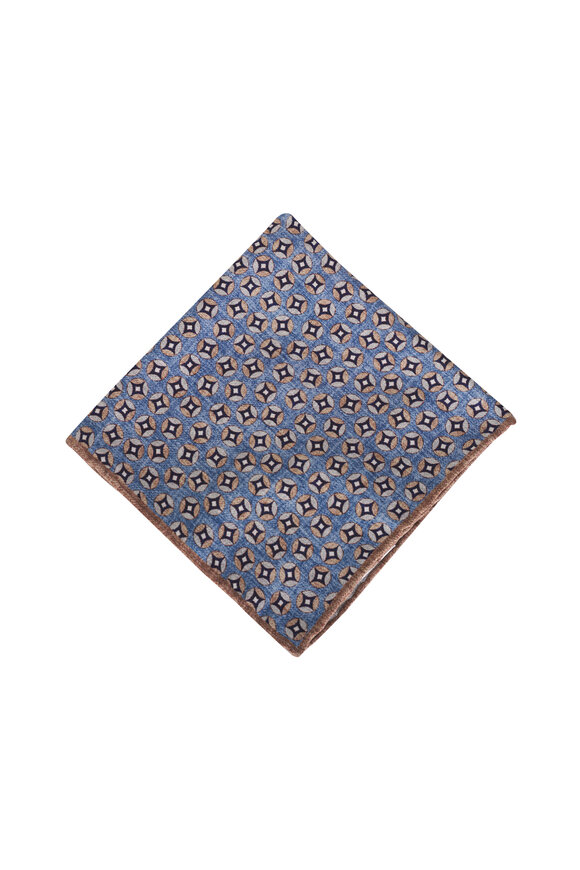 Brunello Cucinelli Denim & Beige Print Silk Pocket Square