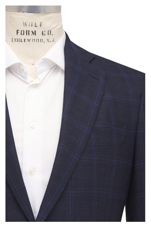 Atelier Munro Navy Blue Silk & Wool Check Sportcoat