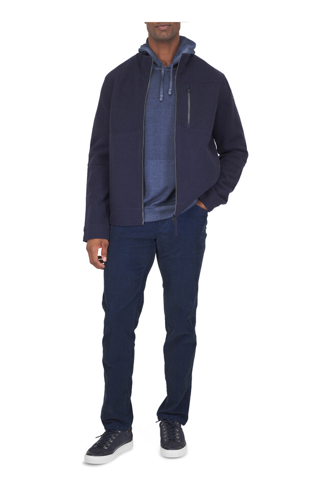 Designer outfit featuring Tures Navy Blue Wool Jacket and Cupsole Navy Leather Sneaker