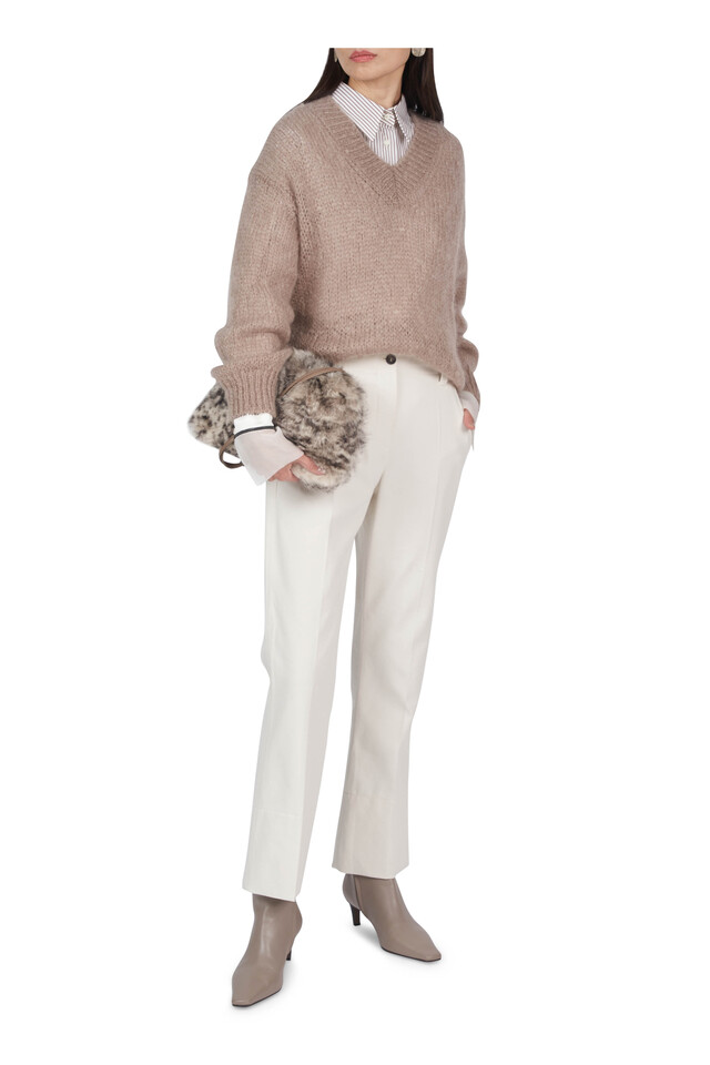 Brunello Cucinelli outfit featuring Mauve Lofty V-Neck Sweater and Stripe Poplin Cotton Long Sleeve Button Up