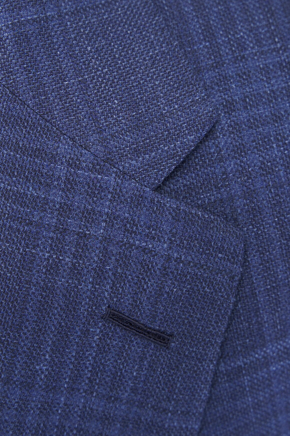 Zegna Blue Tonal Plaid Wool, Silk & Linen Sportcoat - view 3