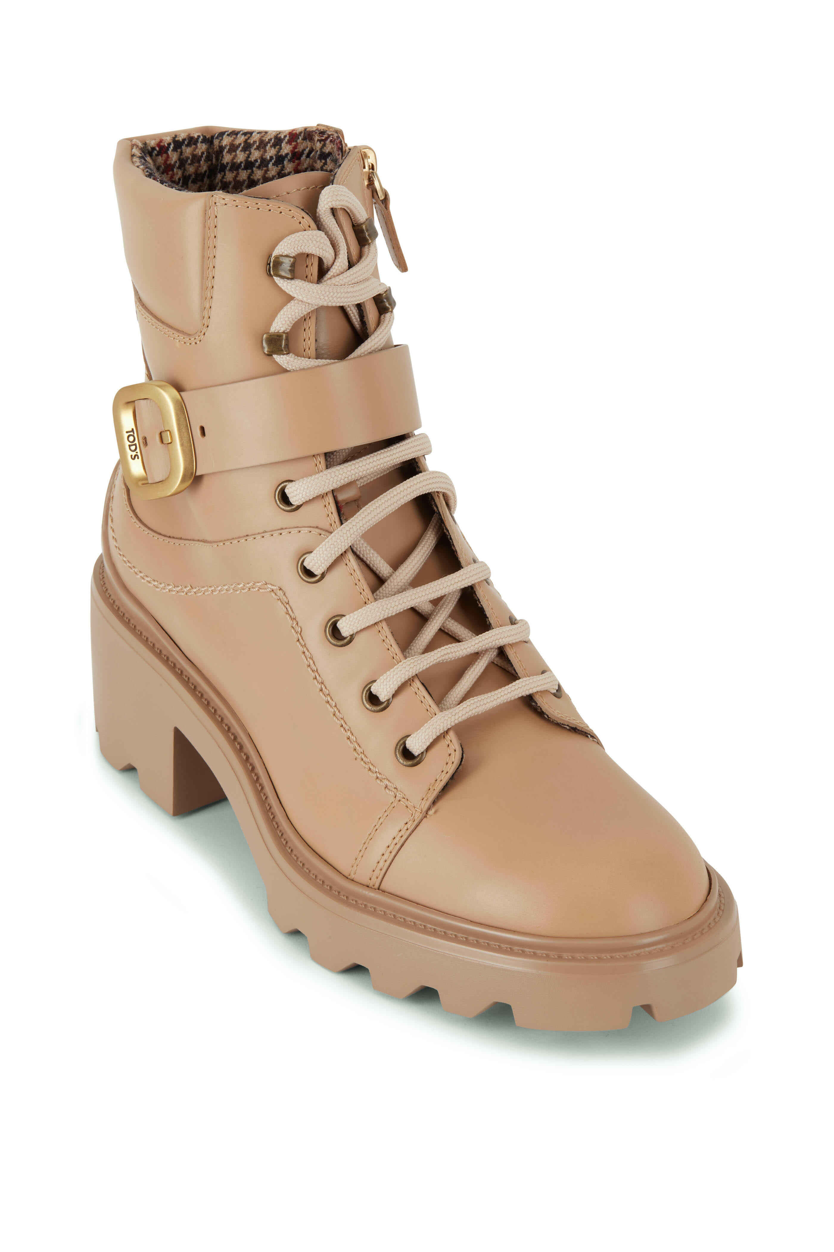 Tod's - Beige Leather Lace Up Combat Bootie, 60mm
