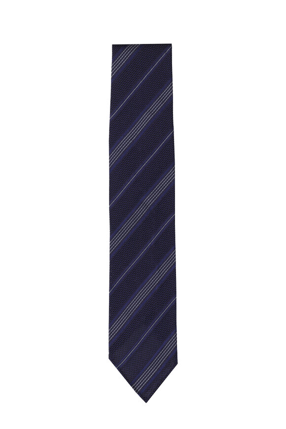 Cesare Attolini Navy Blue Stripe Silk Necktie - view 1