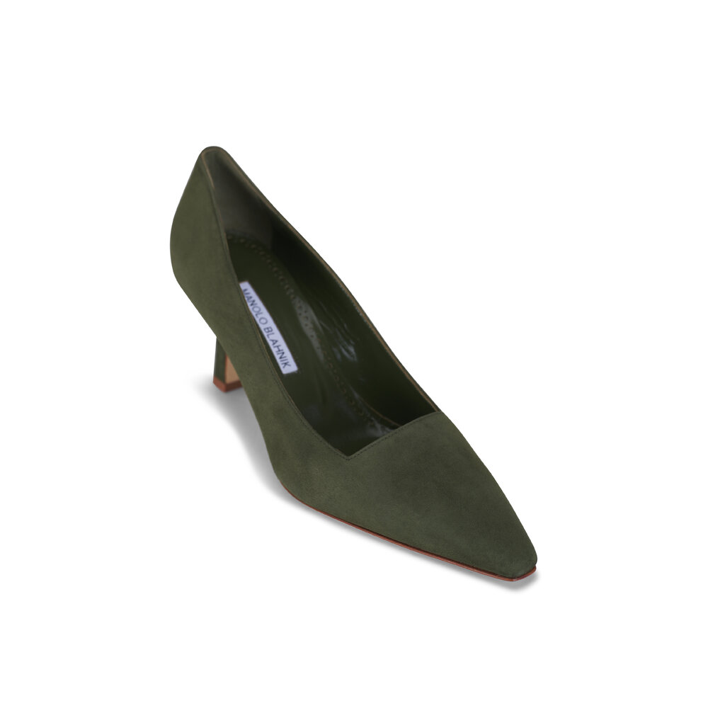 Manolo Blahnik - Moiralo Dark Olive Suede Pump, 70mm