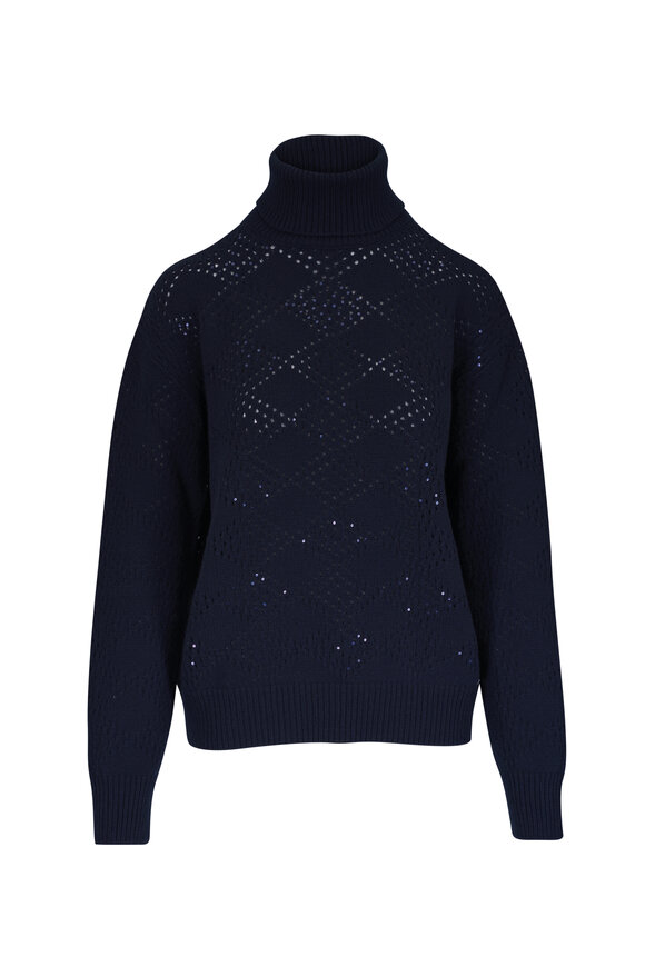 Brunello Cucinelli - Artic Blue Cotton Open Knit V-Neck Sweater