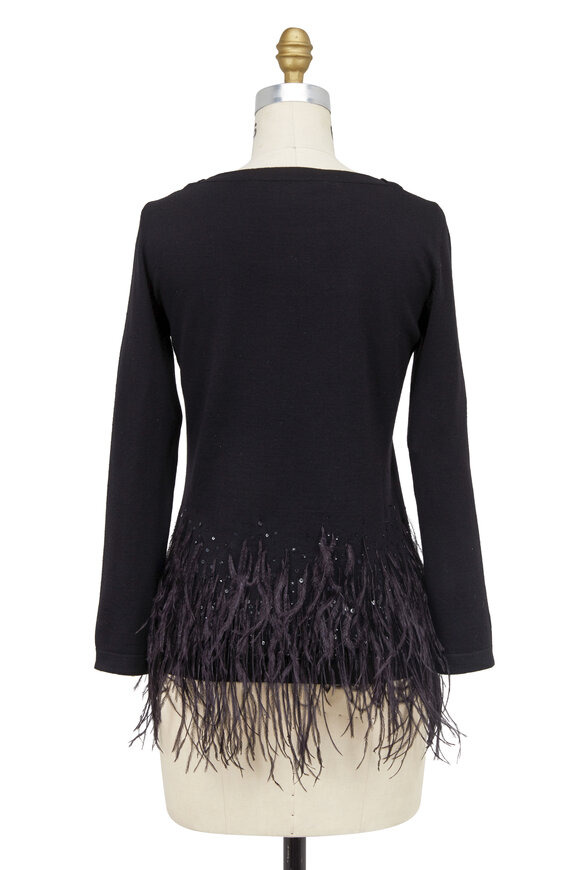 Carolina Herrera - Black Wool & Ostrich Feather Long Sleeve Sweater