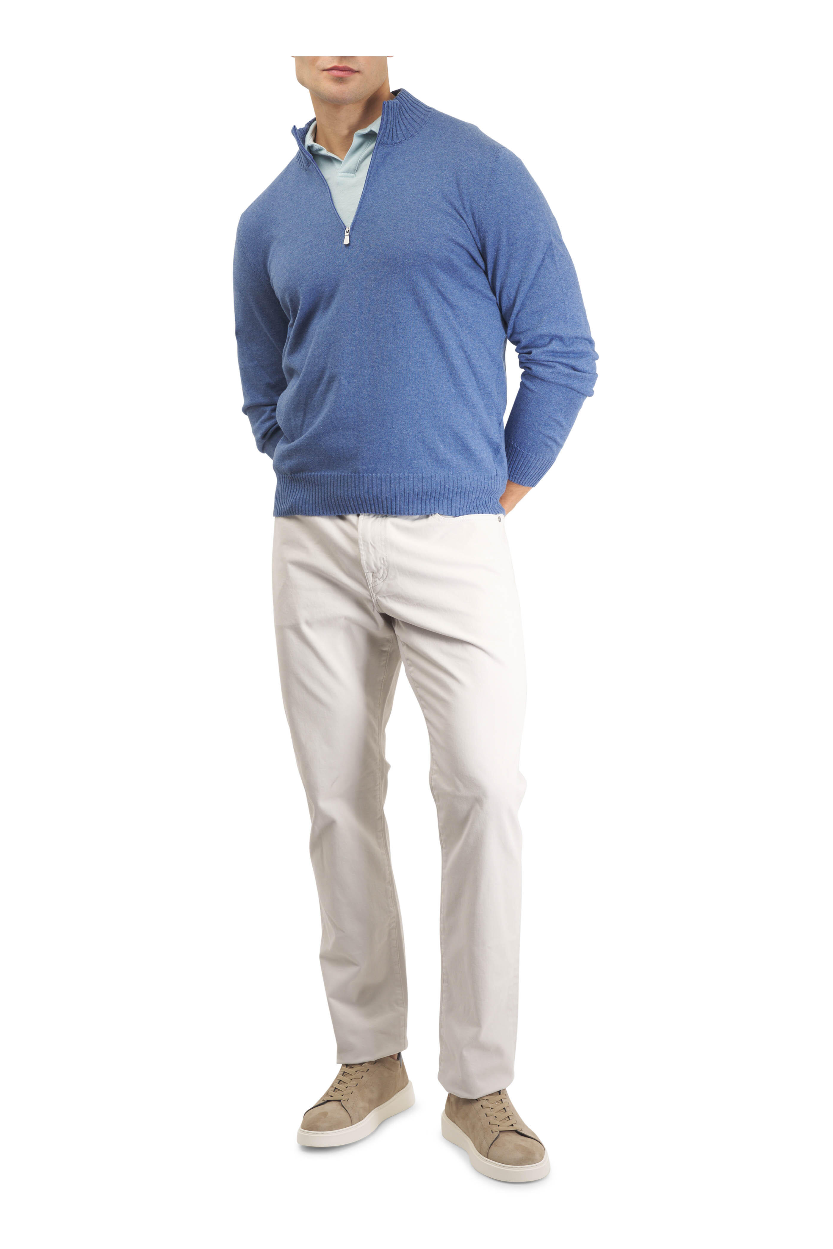 Gran Sasso - Blue Cotton & Cashmere Quarter Zip Pullover