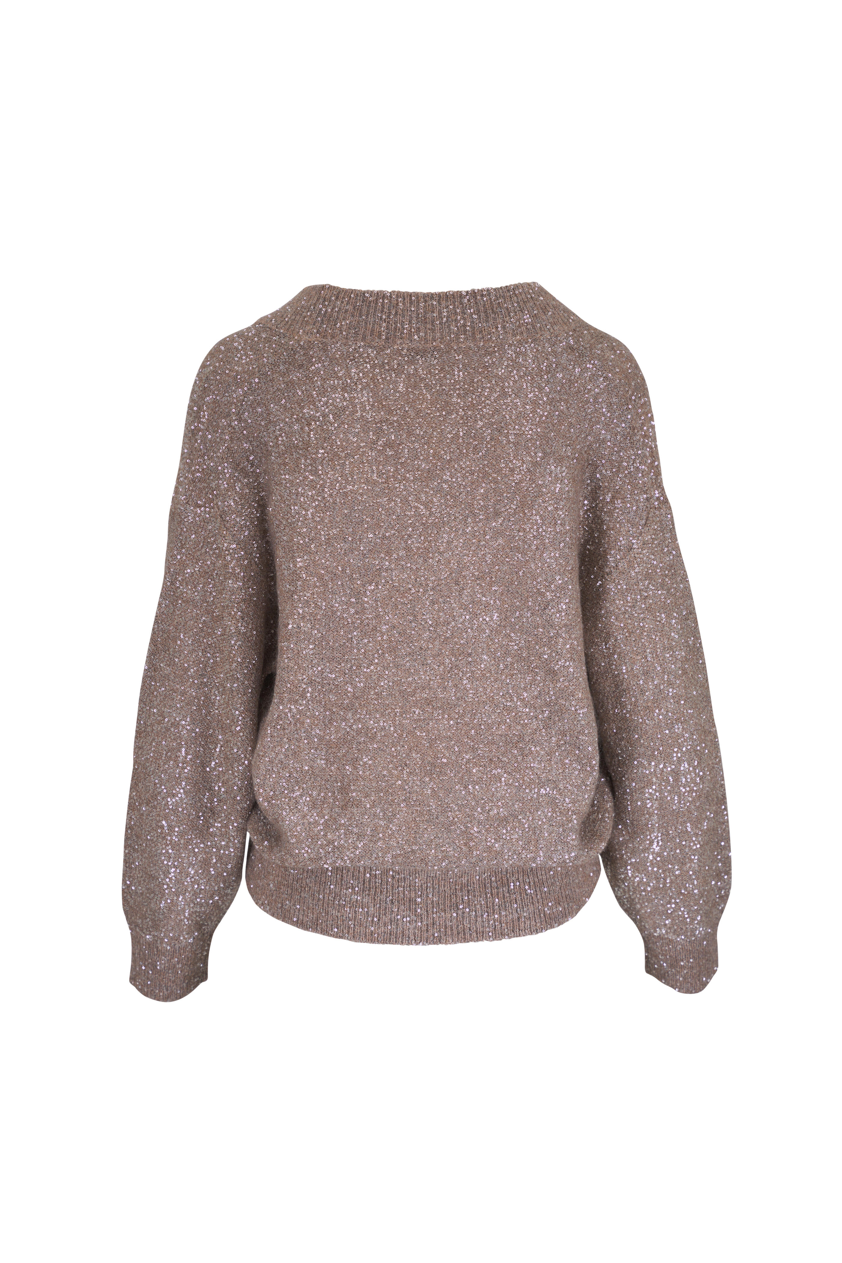 Brunello Cucinelli - Beige Paillette Embellished V-Neck Sweater