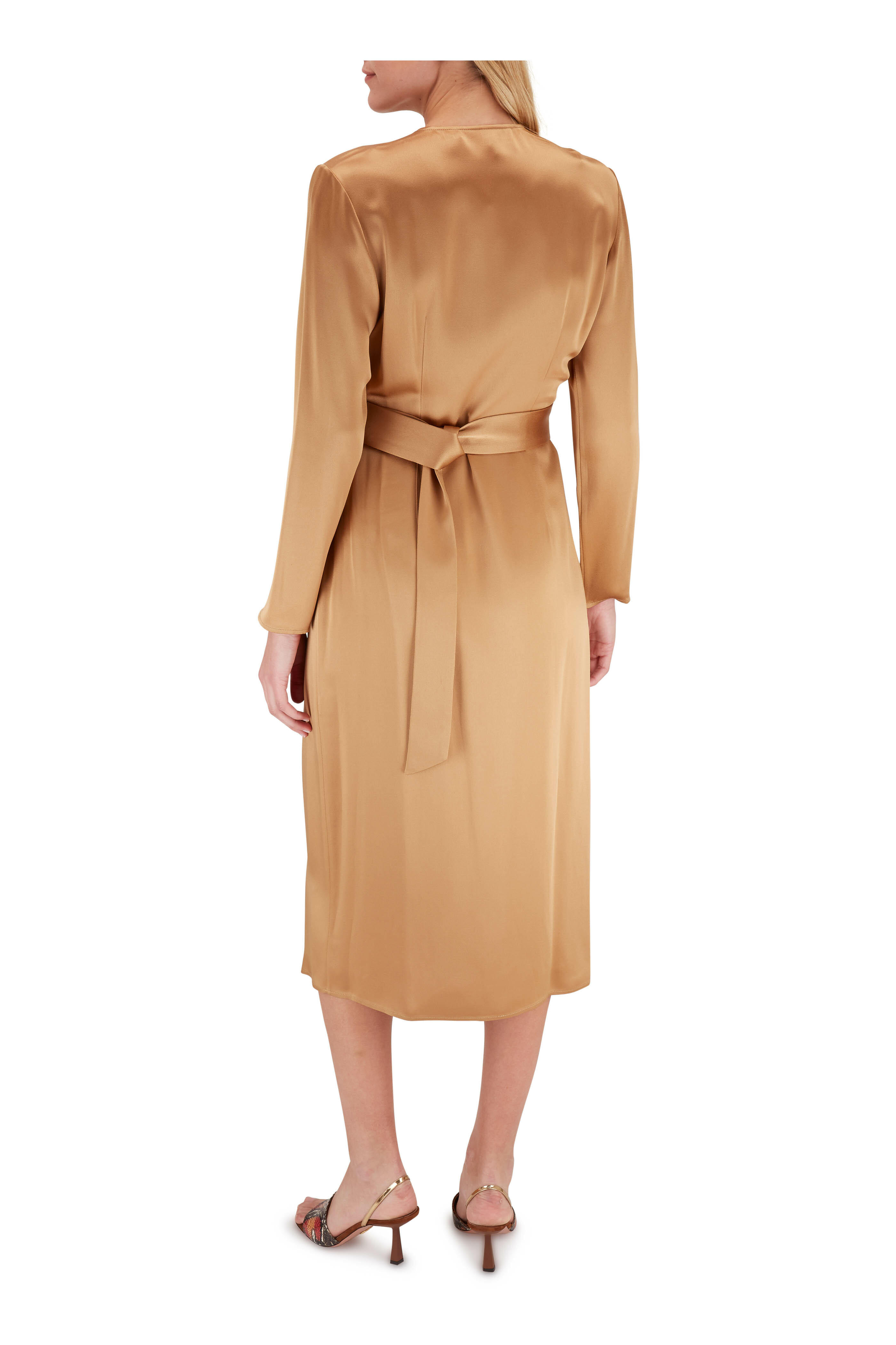 LaPointe - Camel Satin D-Ring Long Sleeve Wrap Dress