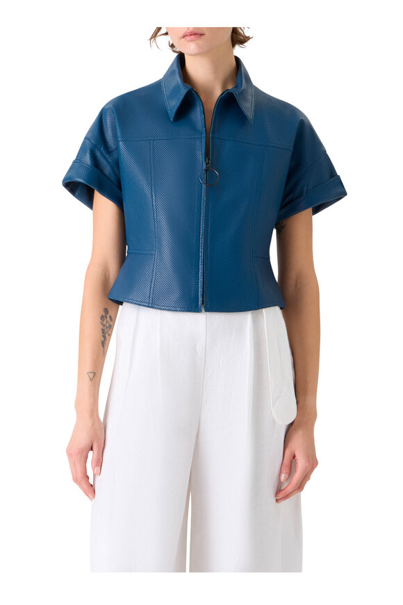 Akris Punto Kimono Dark Blue Pin Dot Leather Shirt - view 2