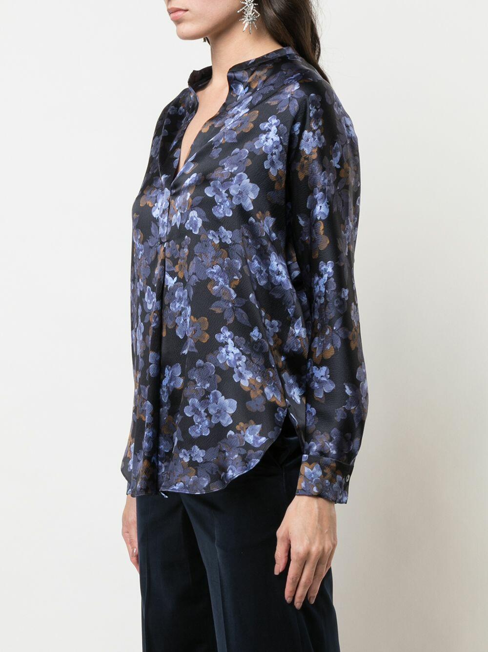 Vince - Blue Plumeria Print Silk Blouse