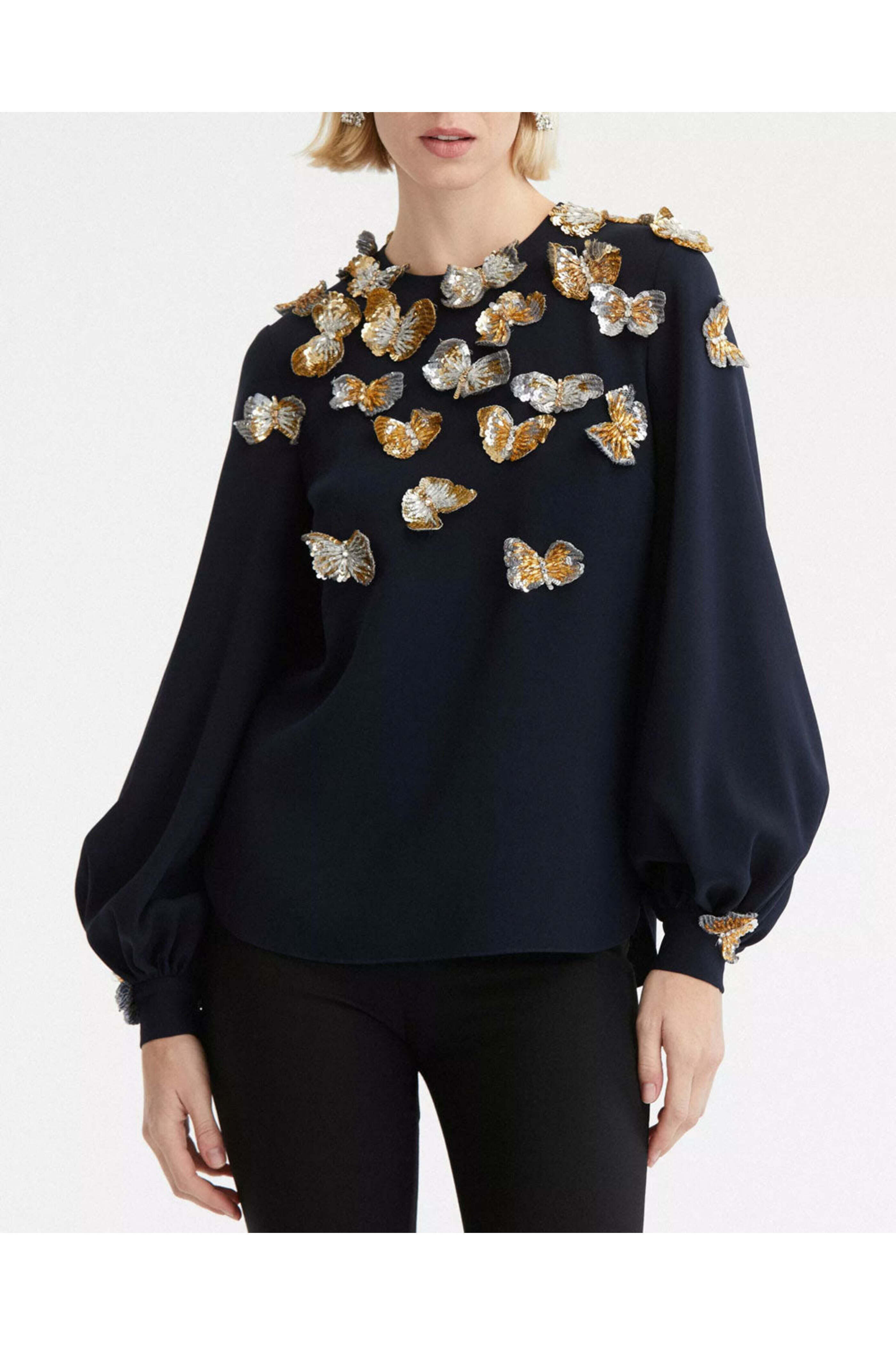 Oscar de la Renta - Navy and Gold Butterfly Sequin Embroidered Blouse