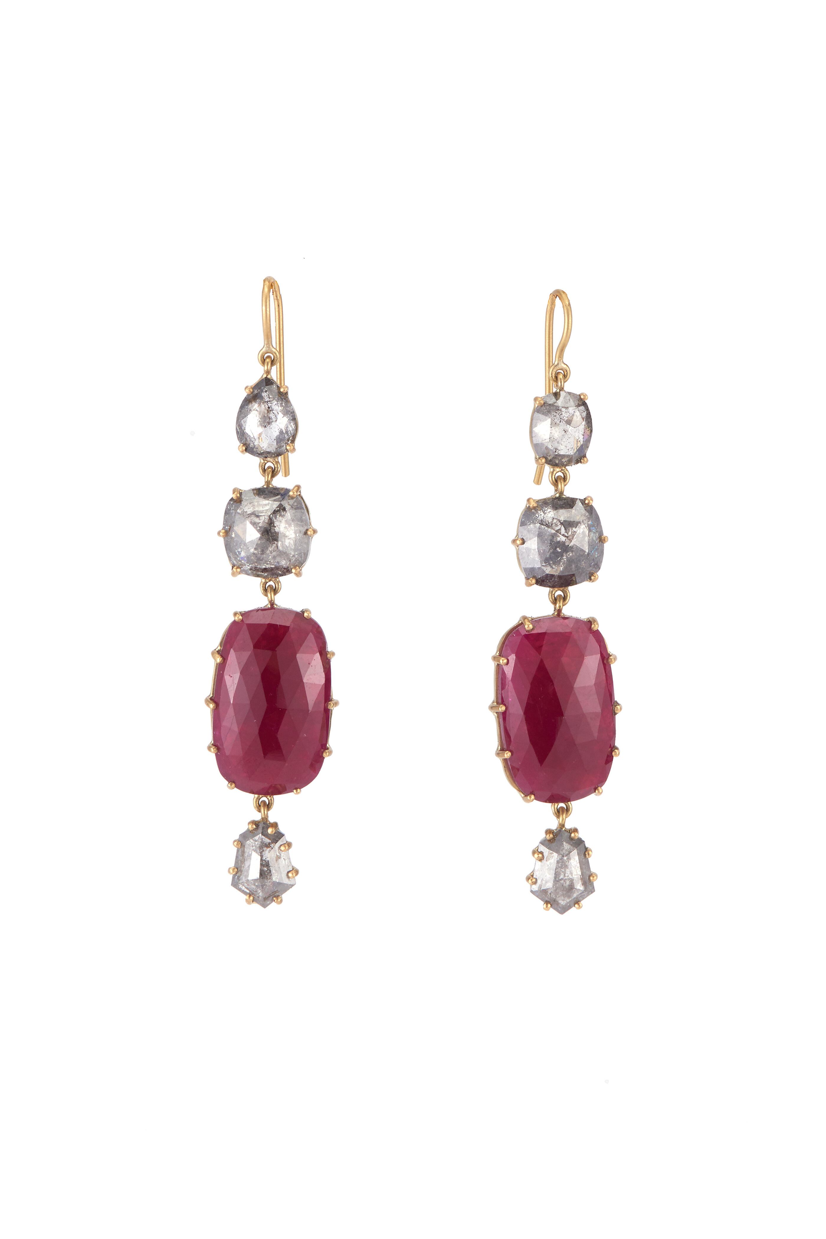 Sylva & Cie - 18K Yellow Gold Ruby & Diamond Dangle Earrings