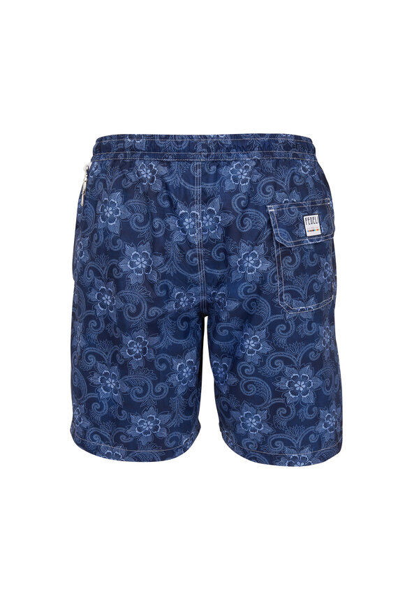 Fedeli - Navy Floral Paisley Print Swim Trunks