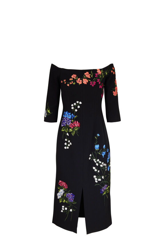 Carolina Herrera - Black Off-The-Shoulder Embroidered Dress 