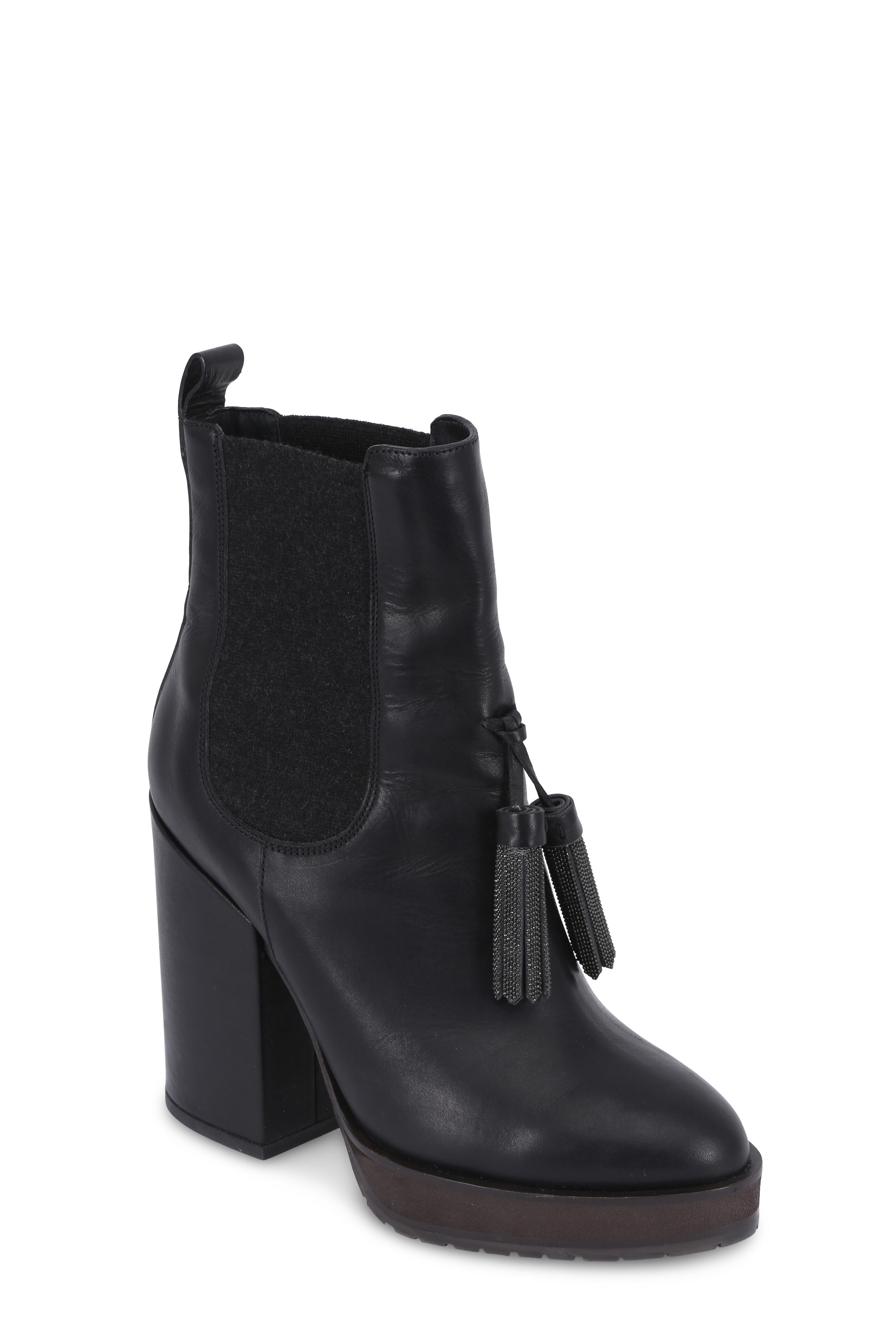 Brunello Cucinelli - Black Leather Monili Tassel Platform Boot, 90mm