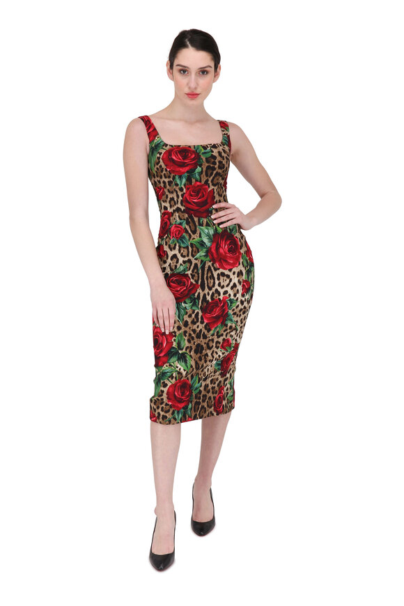 Dolce & Gabbana - Leopard & Rose Print Fitted Sleeveless Dress