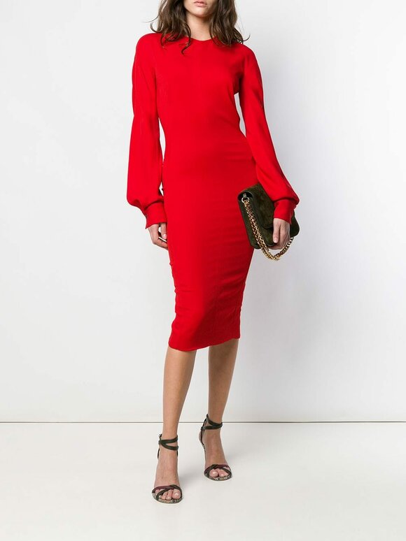 Victoria Beckham - Red Slash Sleeve Fitted Midi Dress