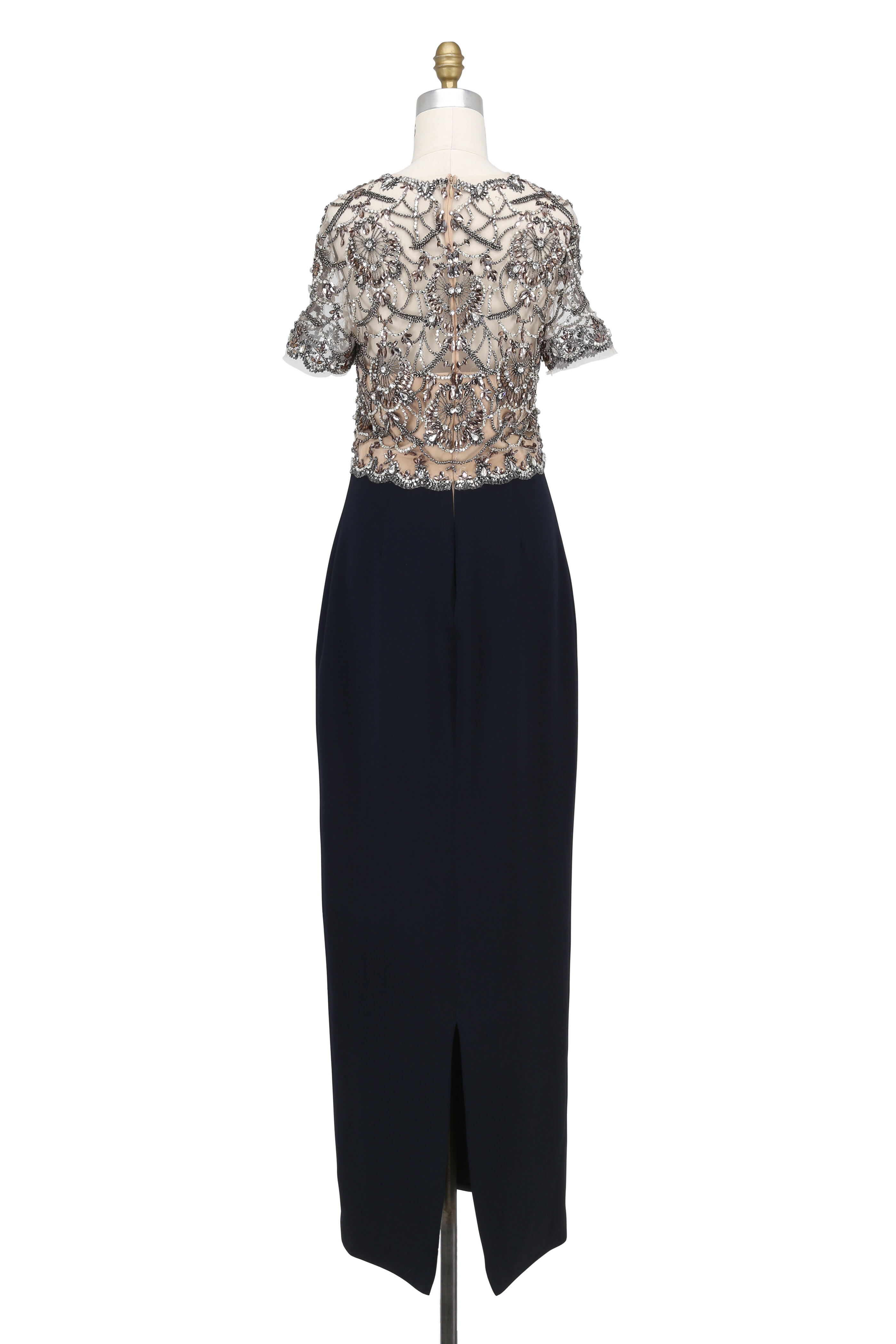 Reem Acra - Navy Blue Silk Beaded Top Gown