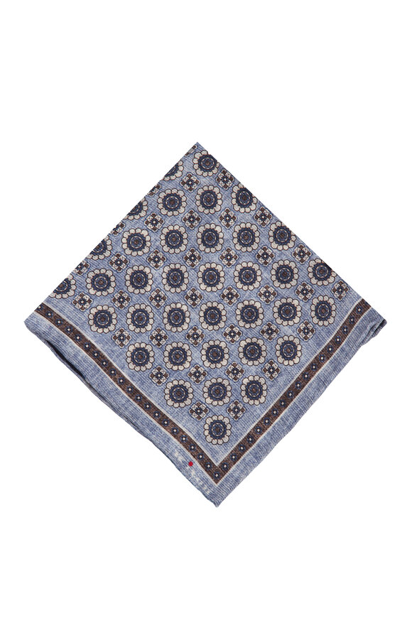 Kiton Light Blue Floral Medallion Silk Pocket Square - view 1