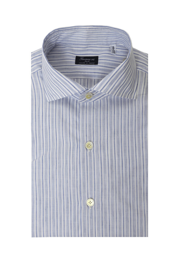 Finamore Steel & White Cotton & Linen Dress Shirt