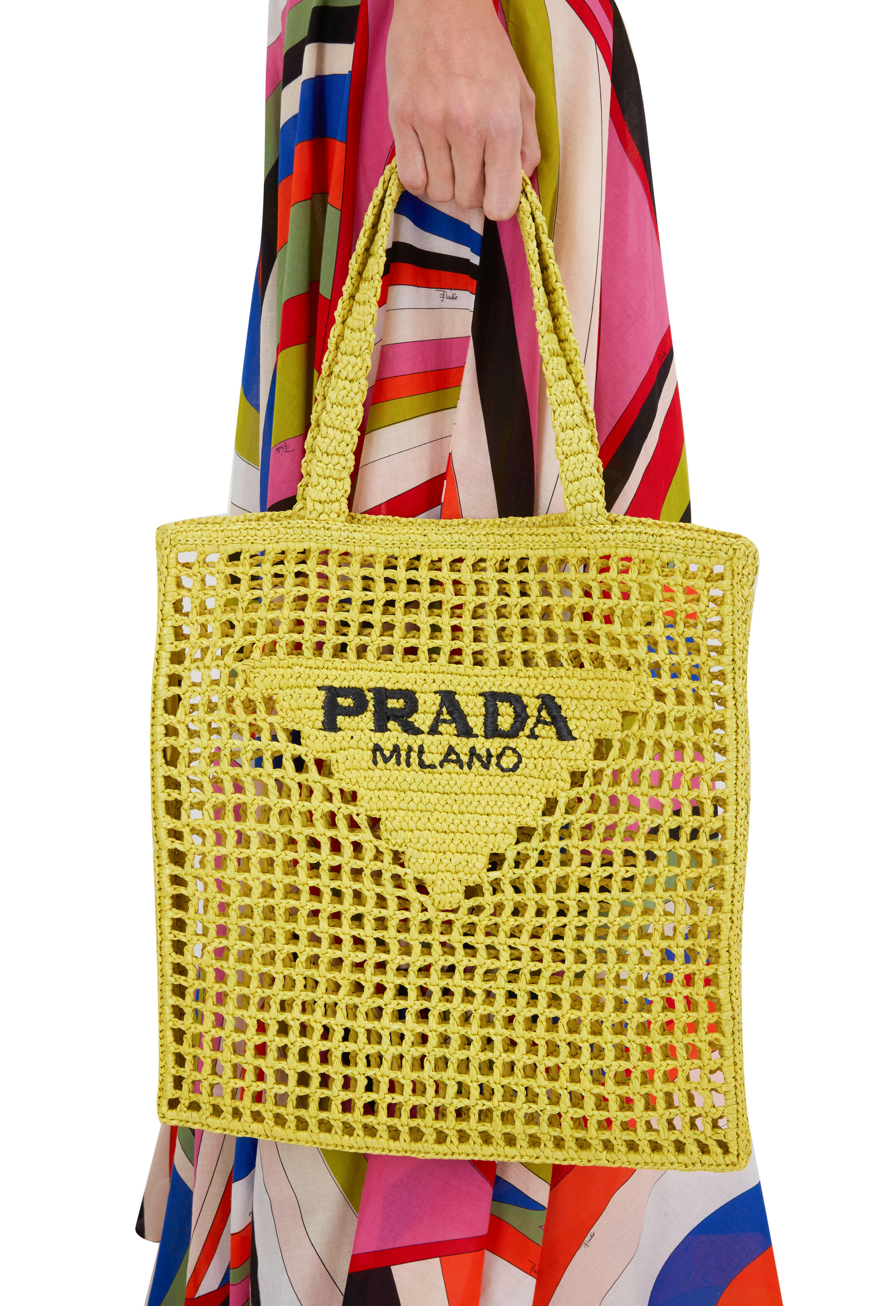 Prada raffia tote bag Milano. Orange, Black, White, Yellow, Tan