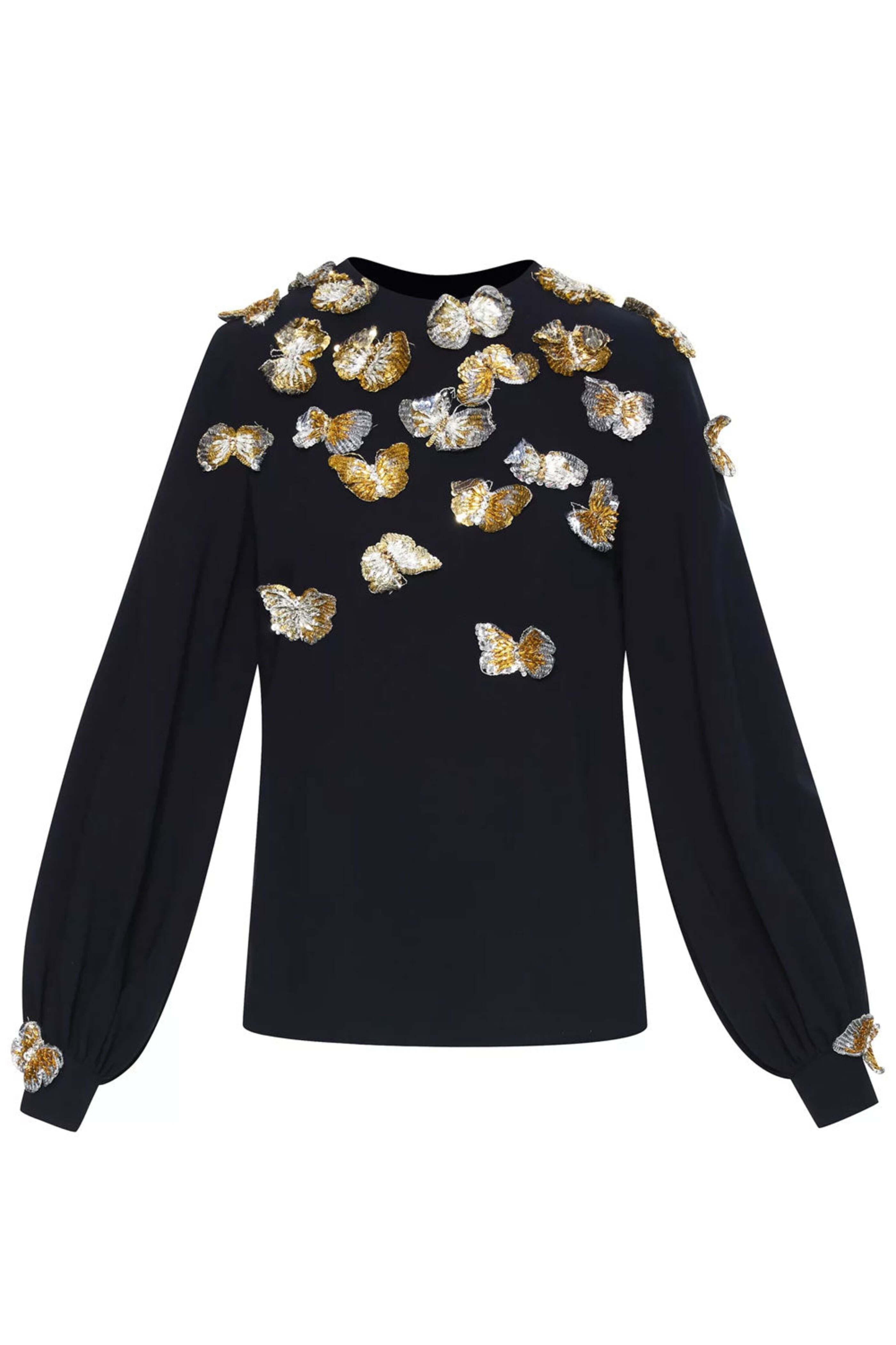 Oscar de la Renta - Navy and Gold Butterfly Sequin Embroidered Blouse