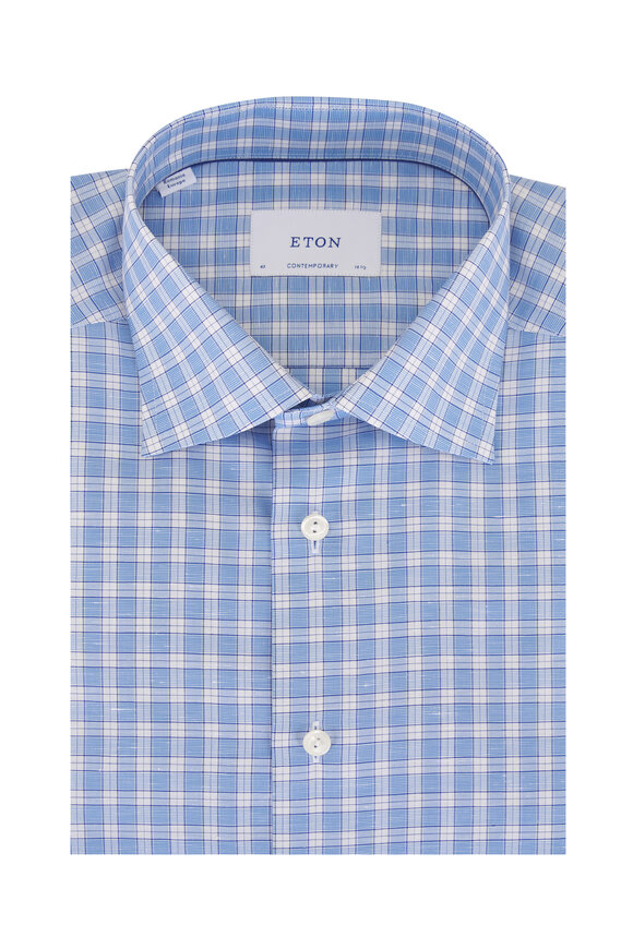 Eton Blue & White Check Cotton & Linen Dress Shirt